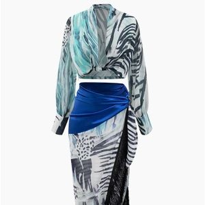 Printed Lantern Sleeve Twist Hem Shirt And Asymmetric Fringe Skirt Set
